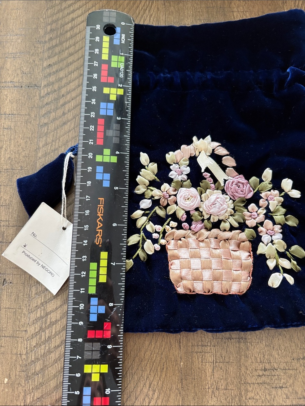 Navy Velvet Drawstring Cosmetic Pouch with Embroidered Floral Basket - Picture 5 of 5